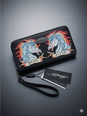 NWT Ed Hardy Black Zip-Around Wristlet Wallet with Red & Blue Horse Graphics